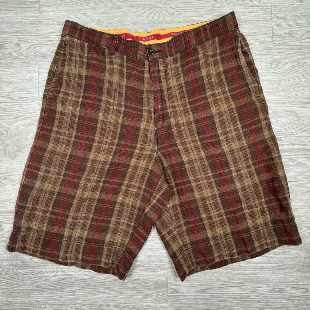 Tommy Bahama Mens Shorts Relaxed Fit Brown Plaid Linen 36 Casual Summer